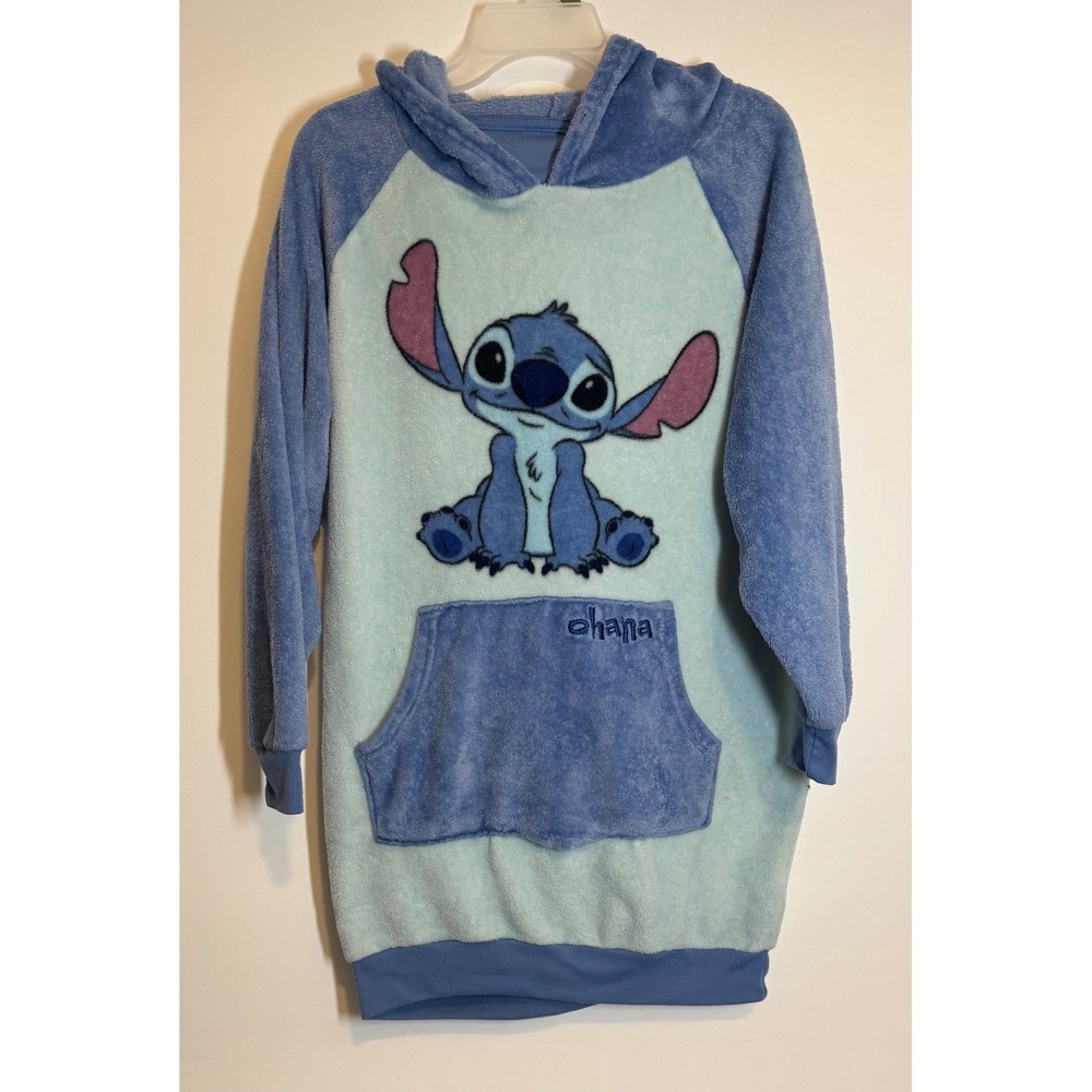Disney Lilo & Stitch Ohana Blue Plush Fleece Hoodie Dress Womens Small 4-6